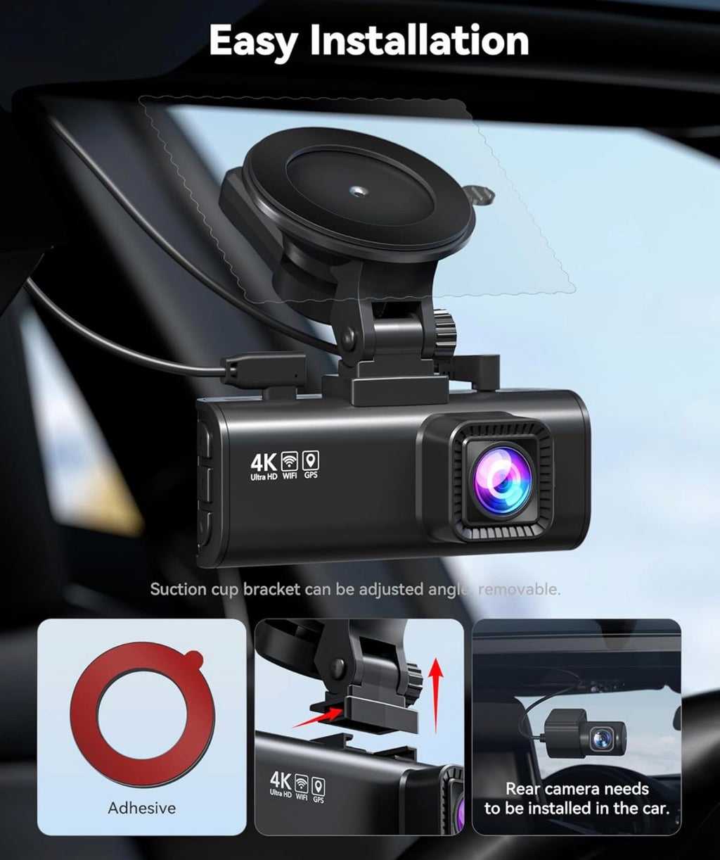 4K Dash Cam Front & Rear — Night Vision, 5.8GHz Wi-Fi, GPS, 128GB Included