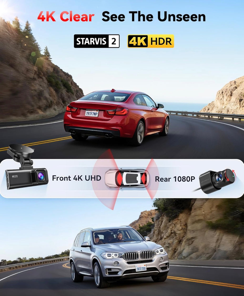 4K Dash Cam Front & Rear — Night Vision, 5.8GHz Wi-Fi, GPS, 128GB Included