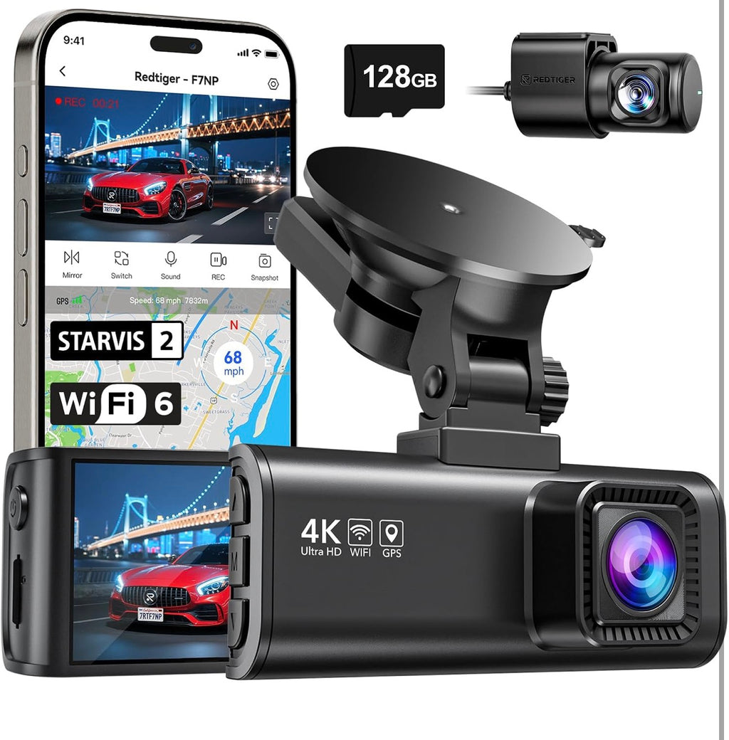 4K Dash Cam Front & Rear — Night Vision, 5.8GHz Wi-Fi, GPS, 128GB Included