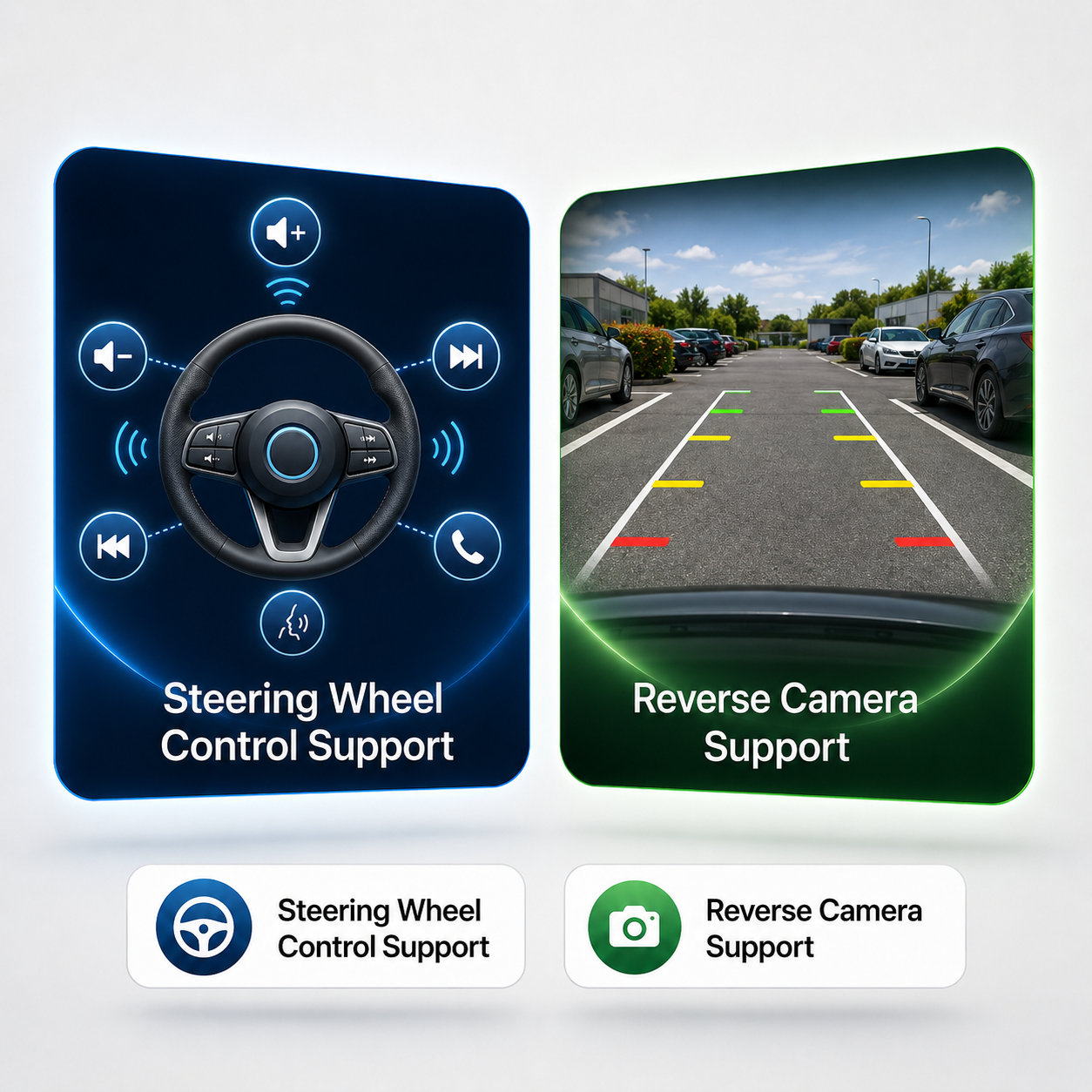 Steering wheel control and reverse camera support