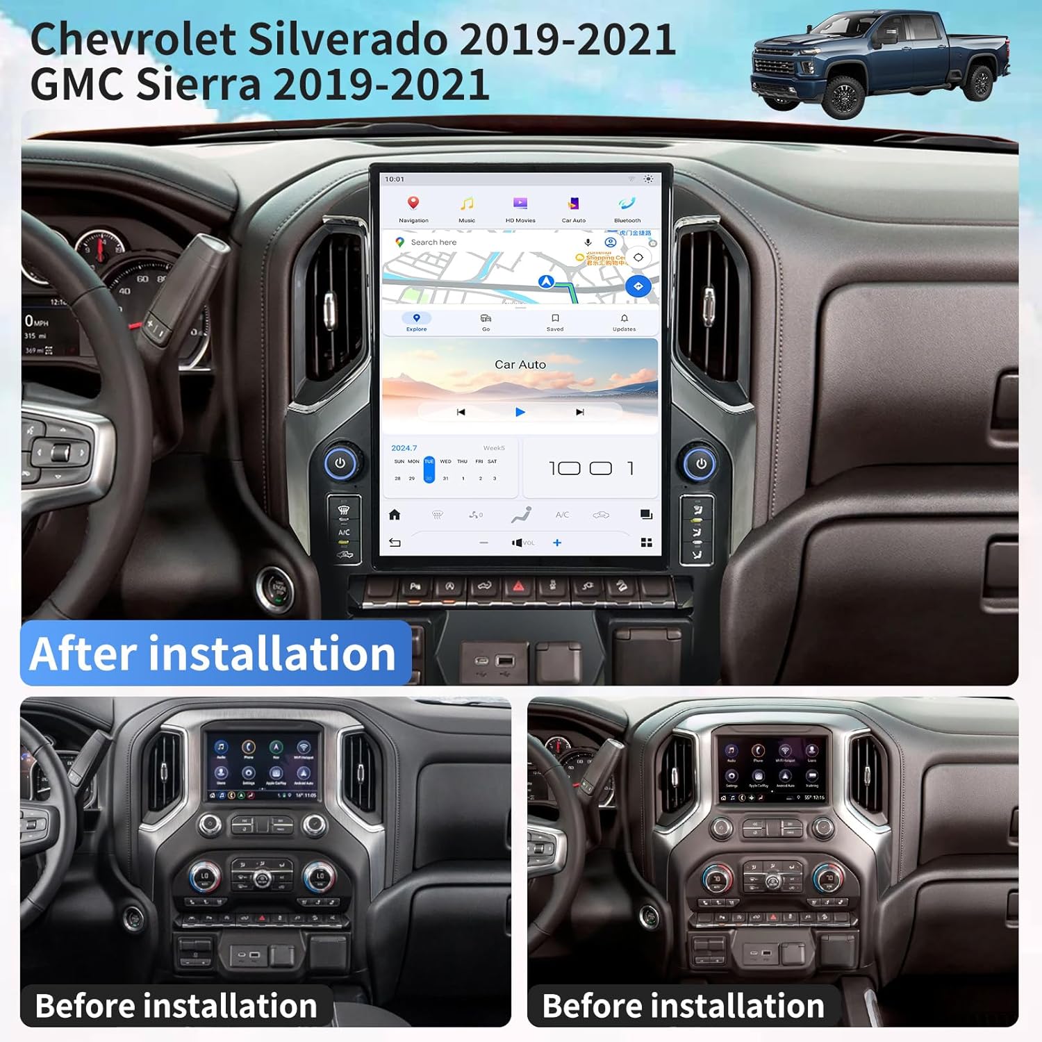 2019–2026 Chevrolet Silverado & GMC Sierra 15.6" Tesla-Style CarPlay Screen — Android 14, Retains OnStar